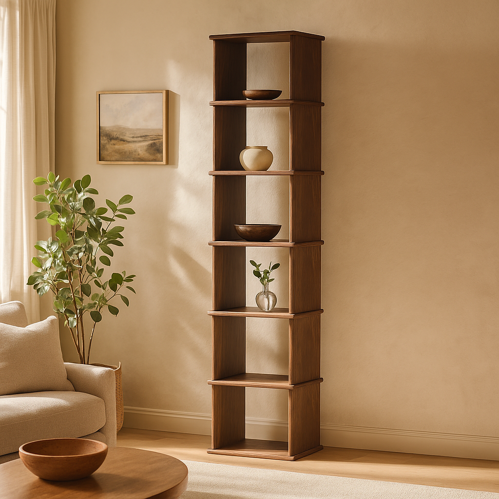 Tall narrow bookcase in walnut