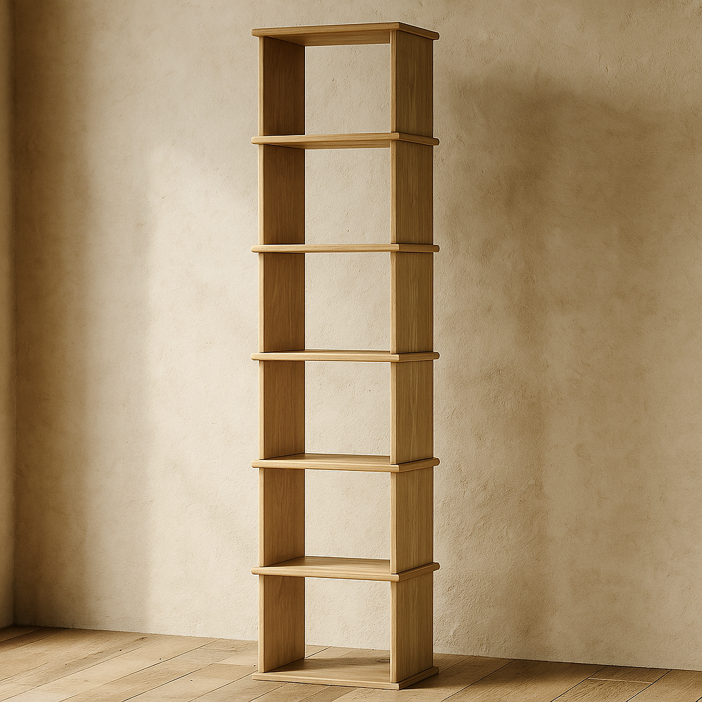 Tall narrow bookcase in white oak