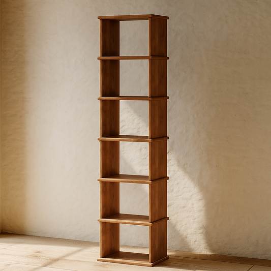 Tall narrow bookcase in red oak