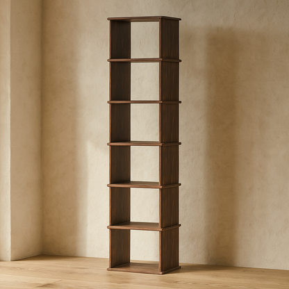 Tall narrow bookcase in walnut