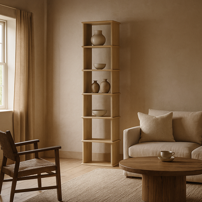 Tall narrow bookcase in white oak