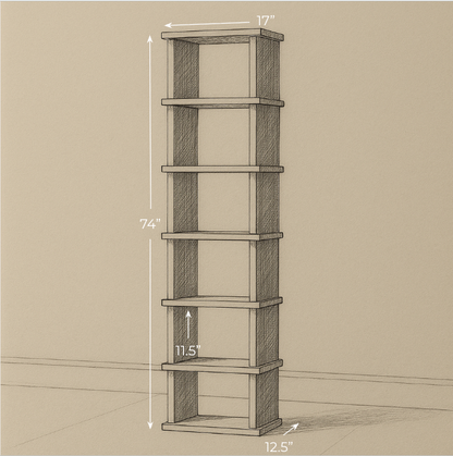 Tall narrow bookcase in red oak